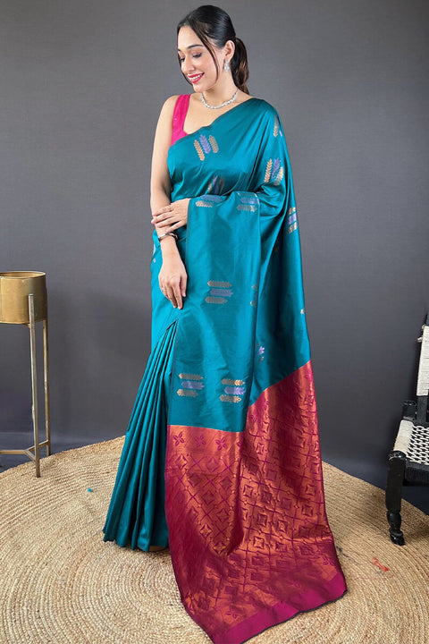 VastraLakshmi Serendipity Rama Soft Banarasi Silk Saree With Smashing Blouse Piece