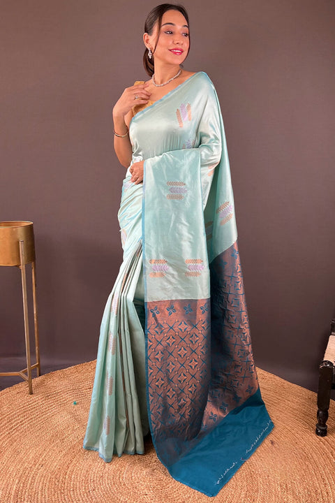 VastraLakshmi Dulcet Sky Soft Banarasi Silk Saree With Verdant Blouse Piece