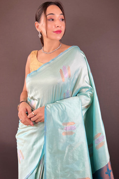 VastraLakshmi Dulcet Sky Soft Banarasi Silk Saree With Verdant Blouse Piece