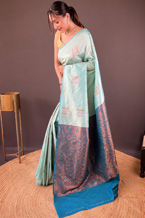 VastraLakshmi Dulcet Sky Soft Banarasi Silk Saree With Verdant Blouse Piece