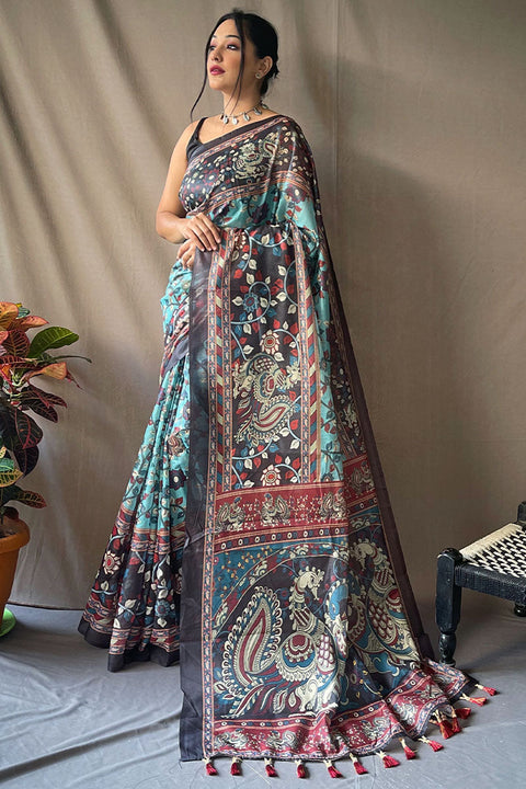 VastraLakshmi Demesne Firozi Kalamkari Printed Saree With Sumptuous Blouse Piece