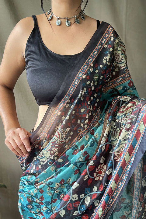 VastraLakshmi Demesne Firozi Kalamkari Printed Saree With Sumptuous Blouse Piece