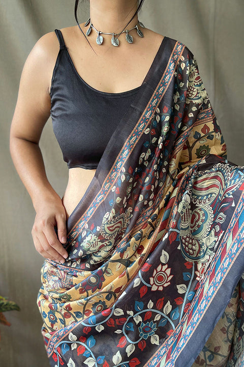 VastraLakshmi Epiphany Mustard Kalamkari Printed Saree With Brood Blouse Piece