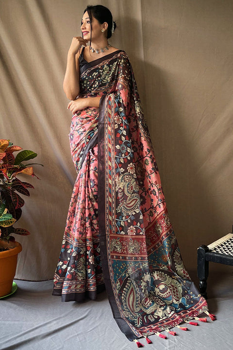 VastraLakshmi Breathtaking Pink Kalamkari Printed Saree With Dazzling Blouse Piece