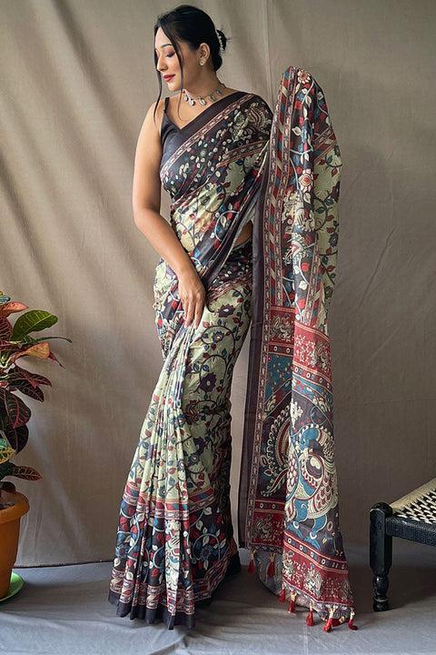 VastraLakshmi Gleaming Pista Kalamkari Printed Saree With Elegant Blouse Piece