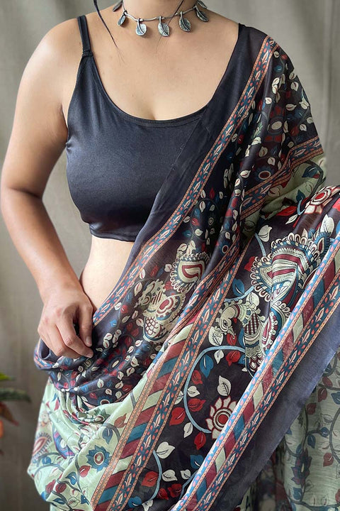 VastraLakshmi Gleaming Pista Kalamkari Printed Saree With Elegant Blouse Piece