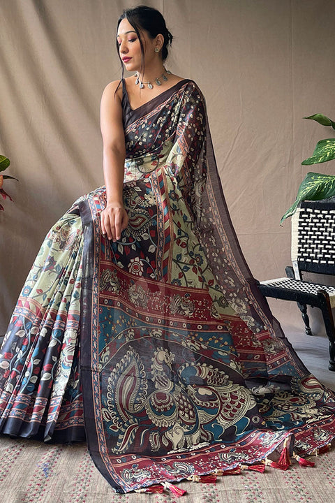 VastraLakshmi Gleaming Pista Kalamkari Printed Saree With Elegant Blouse Piece