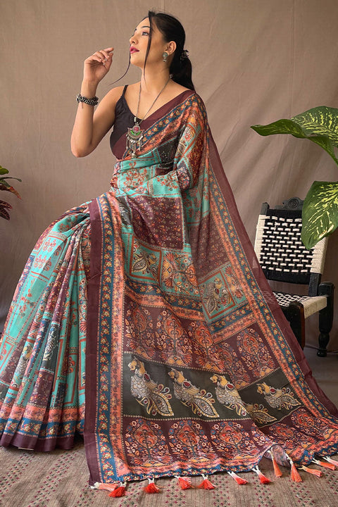 VastraLakshmi Piquant Firozi Kalamkari Printed Saree With Rhapsody Blouse Piece