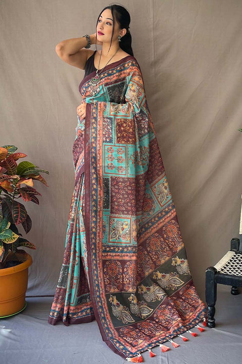 VastraLakshmi Piquant Firozi Kalamkari Printed Saree With Rhapsody Blouse Piece