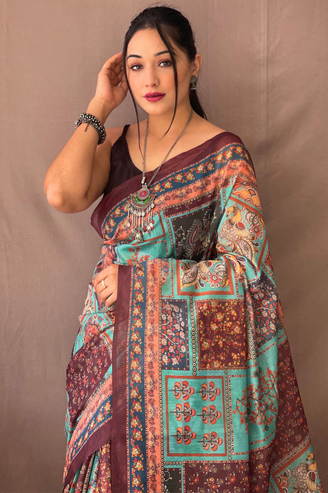 VastraLakshmi Piquant Firozi Kalamkari Printed Saree With Rhapsody Blouse Piece