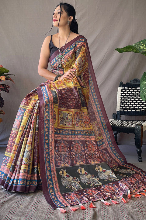 VastraLakshmi Effulgent Mustard Kalamkari Printed Saree With Ornate Blouse Piece