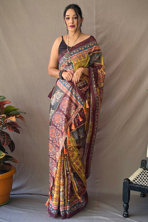 VastraLakshmi Effulgent Mustard Kalamkari Printed Saree With Ornate Blouse Piece