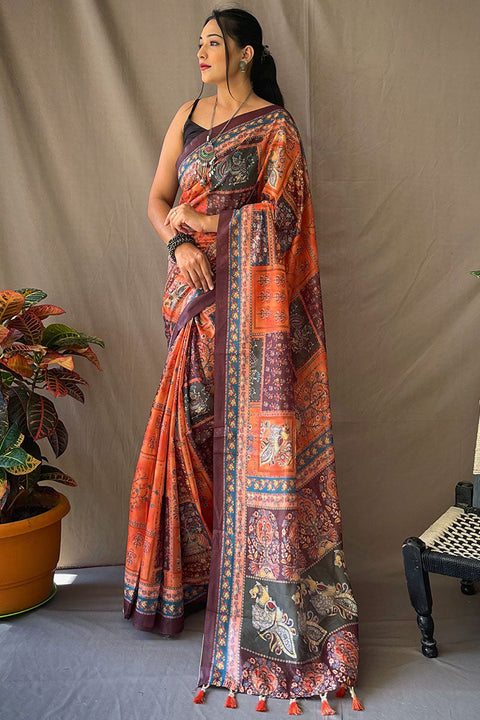 VastraLakshmi Jubilant Orange Kalamkari Printed Saree With Proficient Blouse Piece