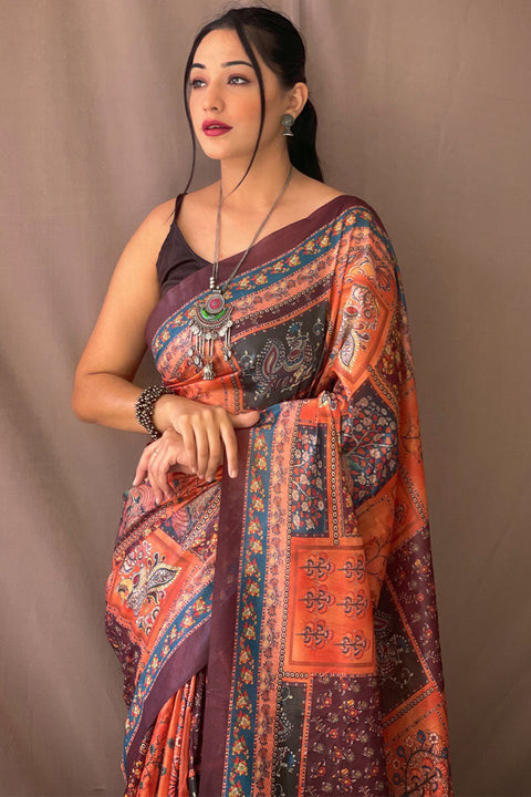 VastraLakshmi Jubilant Orange Kalamkari Printed Saree With Proficient Blouse Piece