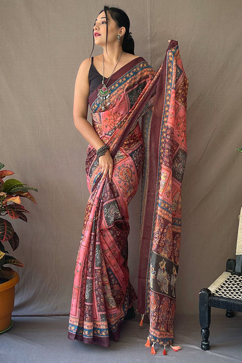 VastraLakshmi Splendorous Pink Kalamkari Printed Saree With Sonorous Blouse Piece