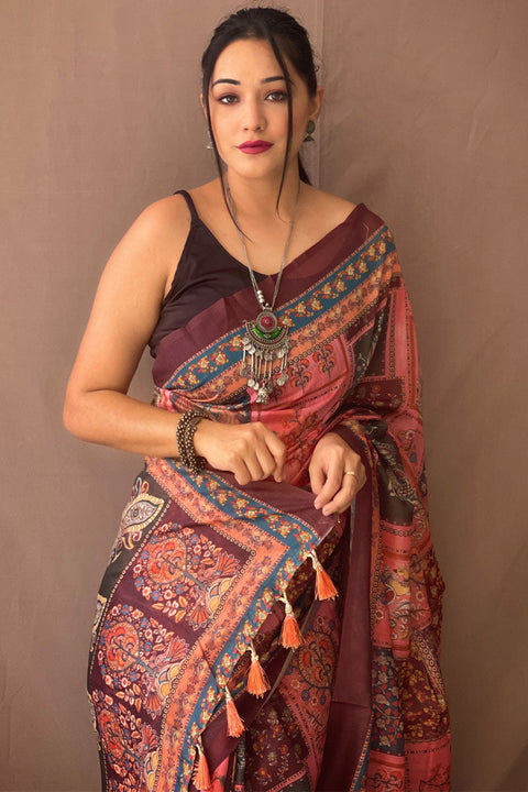 VastraLakshmi Splendorous Pink Kalamkari Printed Saree With Sonorous Blouse Piece