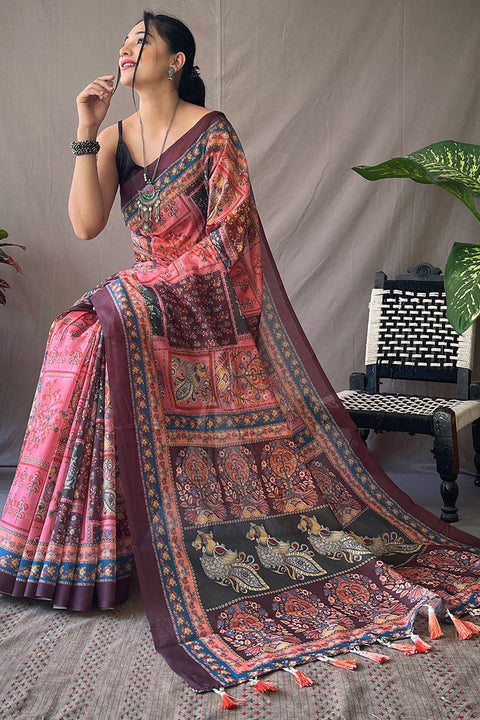 VastraLakshmi Splendorous Pink Kalamkari Printed Saree With Sonorous Blouse Piece