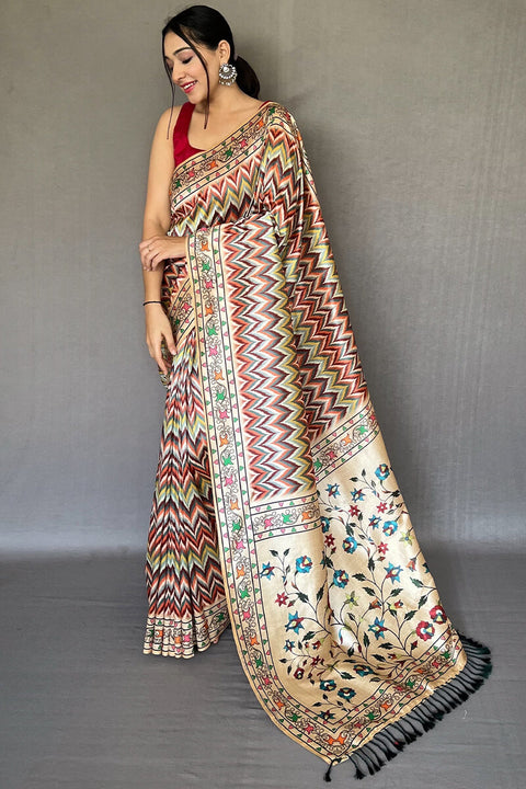 VastraLakshmi Prodigal Beige Kalamkari Printed Soft Silk Saree With Smashing Blouse Piece