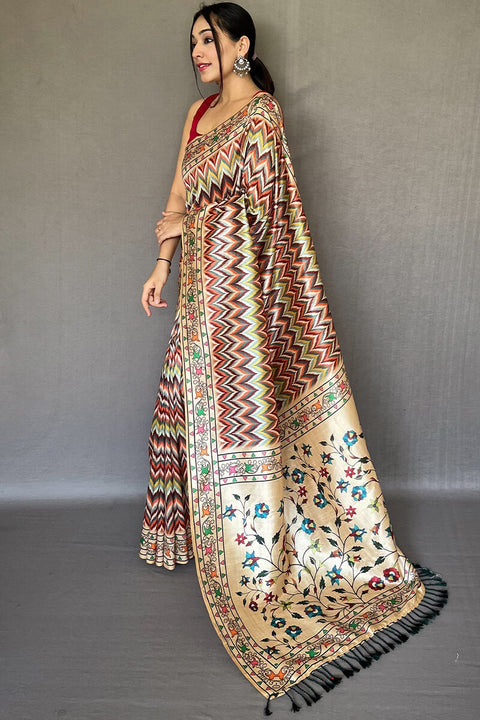 VastraLakshmi Prodigal Beige Kalamkari Printed Soft Silk Saree With Smashing Blouse Piece