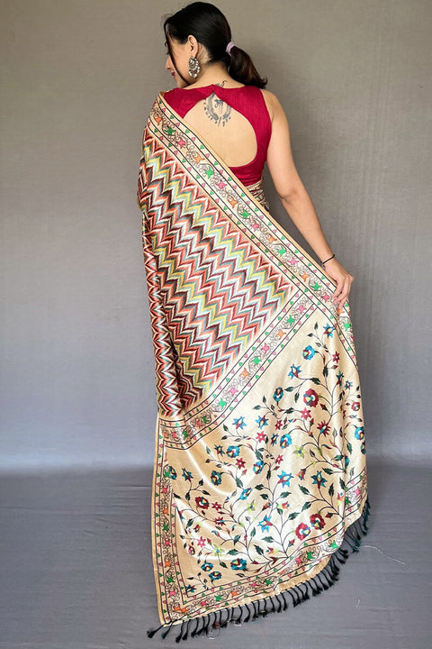 VastraLakshmi Prodigal Beige Kalamkari Printed Soft Silk Saree With Smashing Blouse Piece