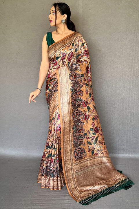 VastraLakshmi Inspiring Peach Kalamkari Printed Soft Silk Saree With Exceptional Blouse Piece