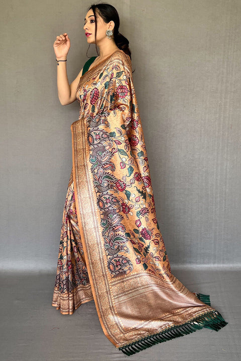 VastraLakshmi Inspiring Peach Kalamkari Printed Soft Silk Saree With Exceptional Blouse Piece