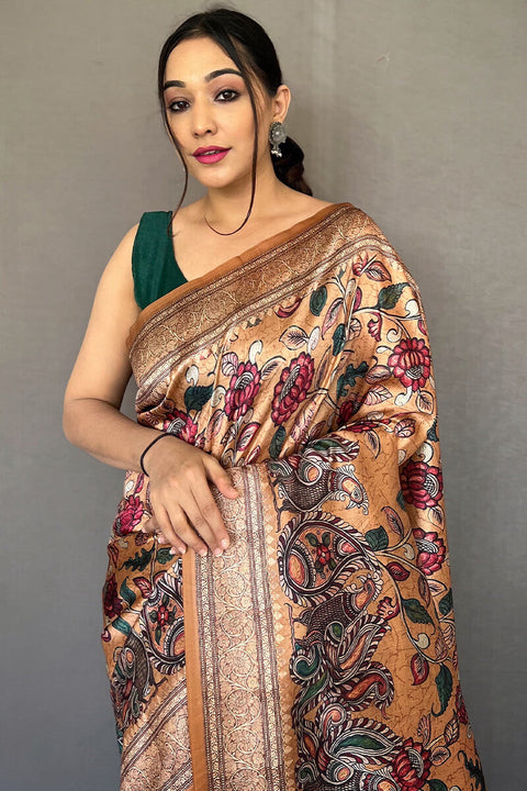 VastraLakshmi Inspiring Peach Kalamkari Printed Soft Silk Saree With Exceptional Blouse Piece