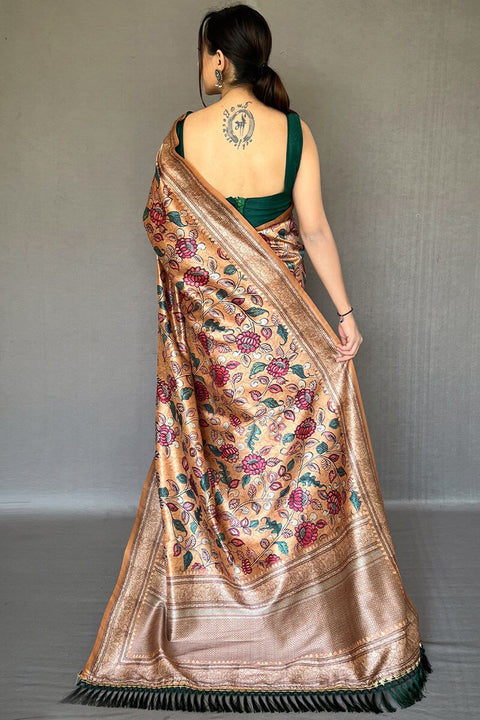 VastraLakshmi Inspiring Peach Kalamkari Printed Soft Silk Saree With Exceptional Blouse Piece