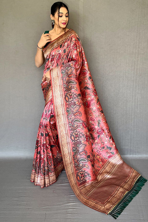 VastraLakshmi Opulent Pink Kalamkari Printed Soft Silk Saree With Exceptional Blouse Piece