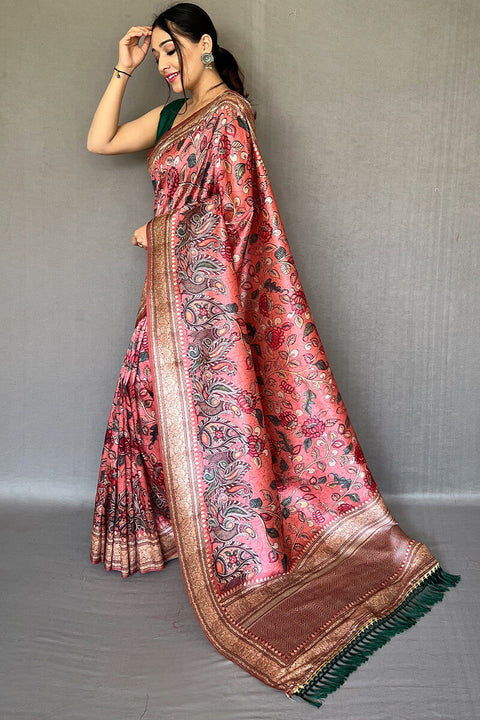 VastraLakshmi Opulent Pink Kalamkari Printed Soft Silk Saree With Exceptional Blouse Piece