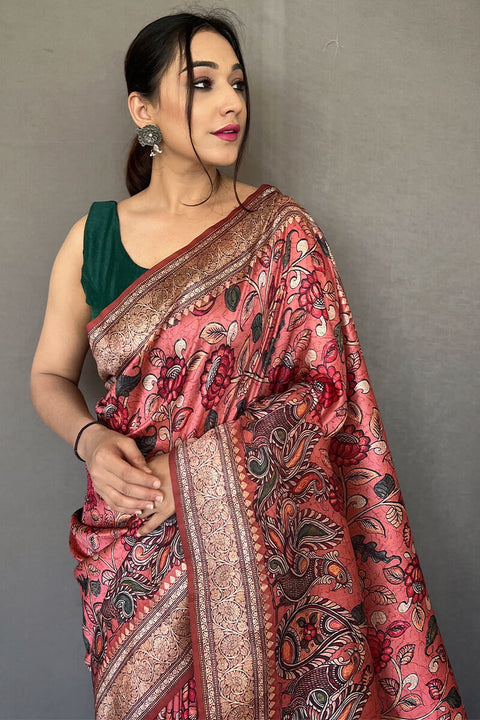 VastraLakshmi Opulent Pink Kalamkari Printed Soft Silk Saree With Exceptional Blouse Piece