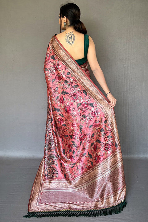 VastraLakshmi Opulent Pink Kalamkari Printed Soft Silk Saree With Exceptional Blouse Piece