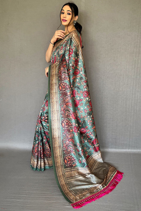 VastraLakshmi Ravishing Rama Kalamkari Printed Soft Silk Saree With Beautiful Blouse Piece