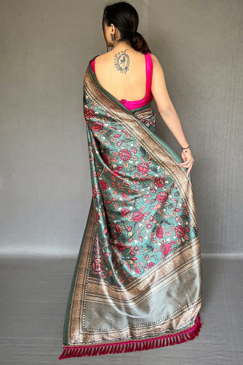 VastraLakshmi Ravishing Rama Kalamkari Printed Soft Silk Saree With Beautiful Blouse Piece