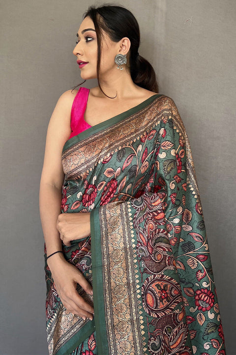 VastraLakshmi Ravishing Rama Kalamkari Printed Soft Silk Saree With Beautiful Blouse Piece