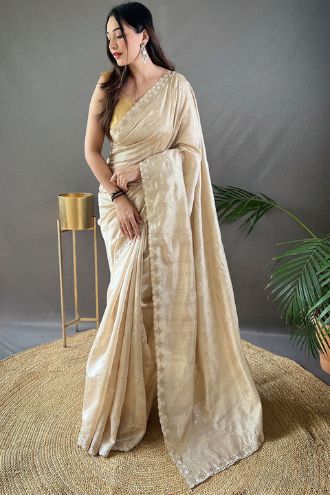 VastraLakshmi Pretty Beige Embroidery Work Soft Silk Saree With Phenomenal Blouse Piece