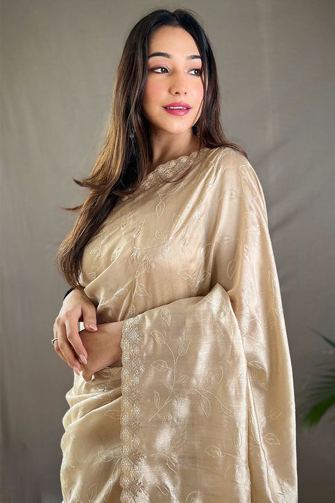 VastraLakshmi Pretty Beige Embroidery Work Soft Silk Saree With Phenomenal Blouse Piece