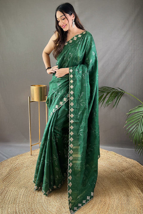 VastraLakshmi Sizzling Dark Green Embroidery Work Soft Silk Saree With Intricate Blouse Piece