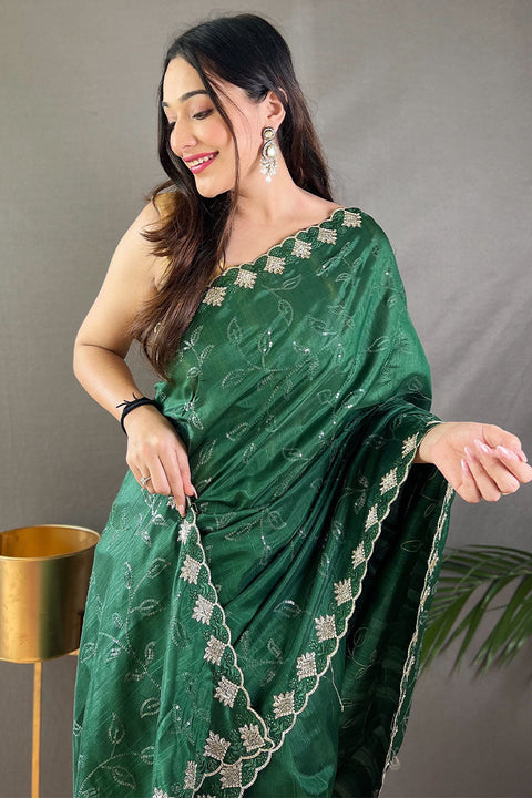 VastraLakshmi Sizzling Dark Green Embroidery Work Soft Silk Saree With Intricate Blouse Piece