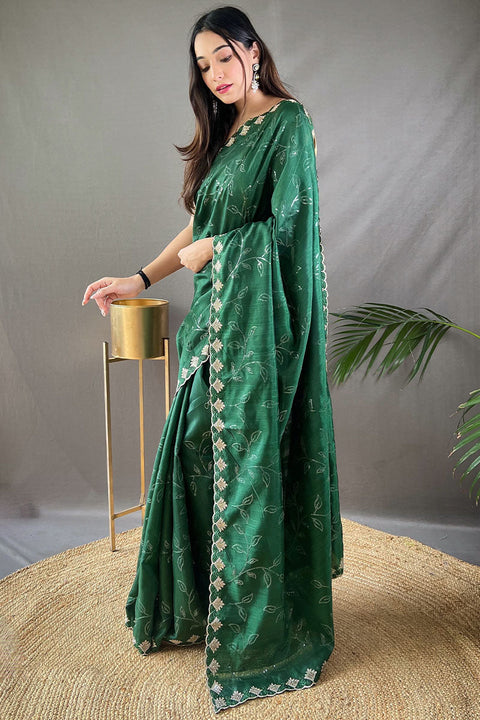 VastraLakshmi Sizzling Dark Green Embroidery Work Soft Silk Saree With Intricate Blouse Piece