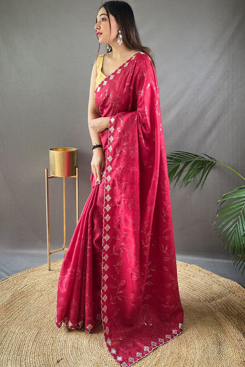 VastraLakshmi Glorious Dark Pink Embroidery Work Soft Silk Saree With Stunner Blouse Piece