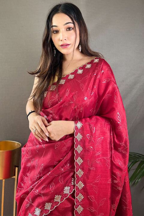 VastraLakshmi Glorious Dark Pink Embroidery Work Soft Silk Saree With Stunner Blouse Piece