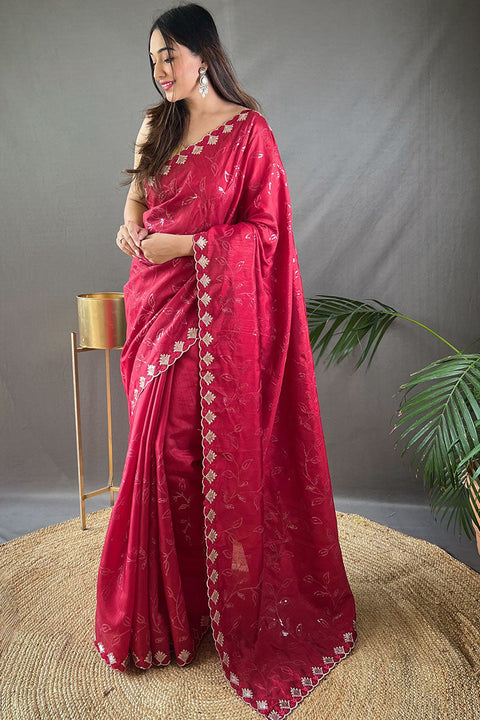 VastraLakshmi Glorious Dark Pink Embroidery Work Soft Silk Saree With Stunner Blouse Piece