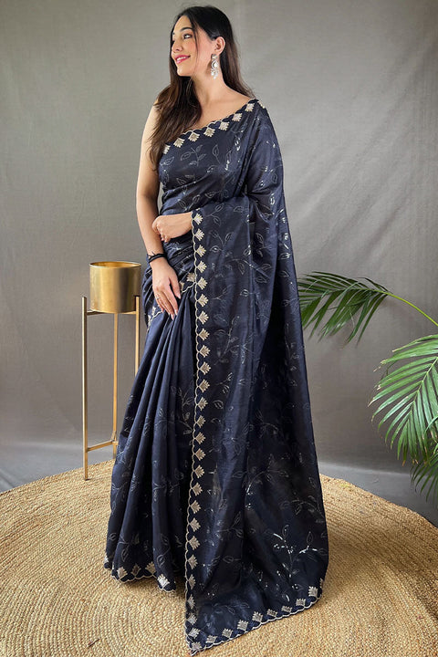 VastraLakshmi Breathtaking Navy Blue Embroidery Work Soft Silk Saree With Demanding Blouse Piece