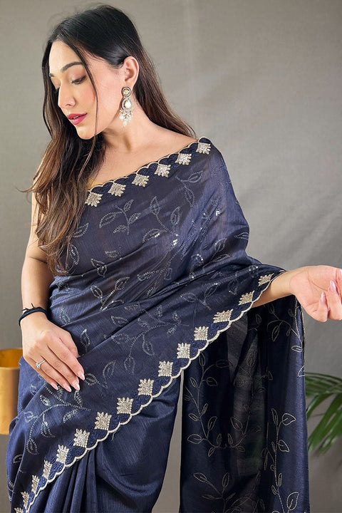 VastraLakshmi Breathtaking Navy Blue Embroidery Work Soft Silk Saree With Demanding Blouse Piece