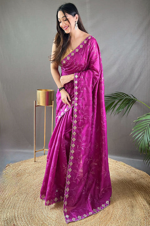 VastraLakshmi Sensational Purple Embroidery Work Soft Silk Saree With Elegant Blouse Piece