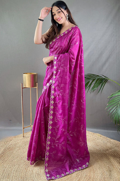 VastraLakshmi Sensational Purple Embroidery Work Soft Silk Saree With Elegant Blouse Piece