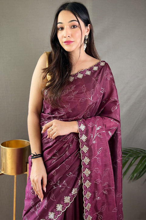 VastraLakshmi Energetic Wine Embroidery Work Soft Silk Saree With Deserving Blouse Piece