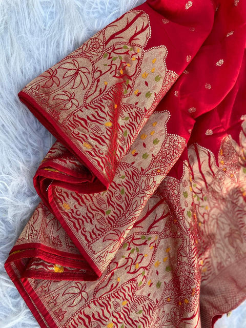 VastraLakshmi Lassitude Red Soft Banarasi Silk Saree With Vestigial Blouse Piece