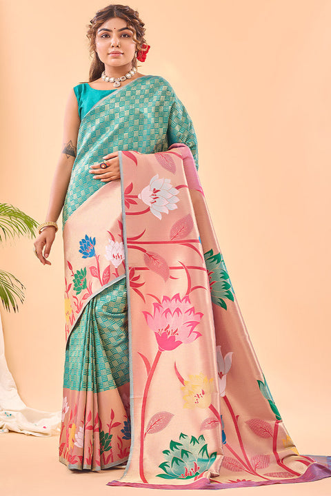 VastraLakshmi Pretty Firozi Paithani Silk Saree With Pleasant Blouse Piece